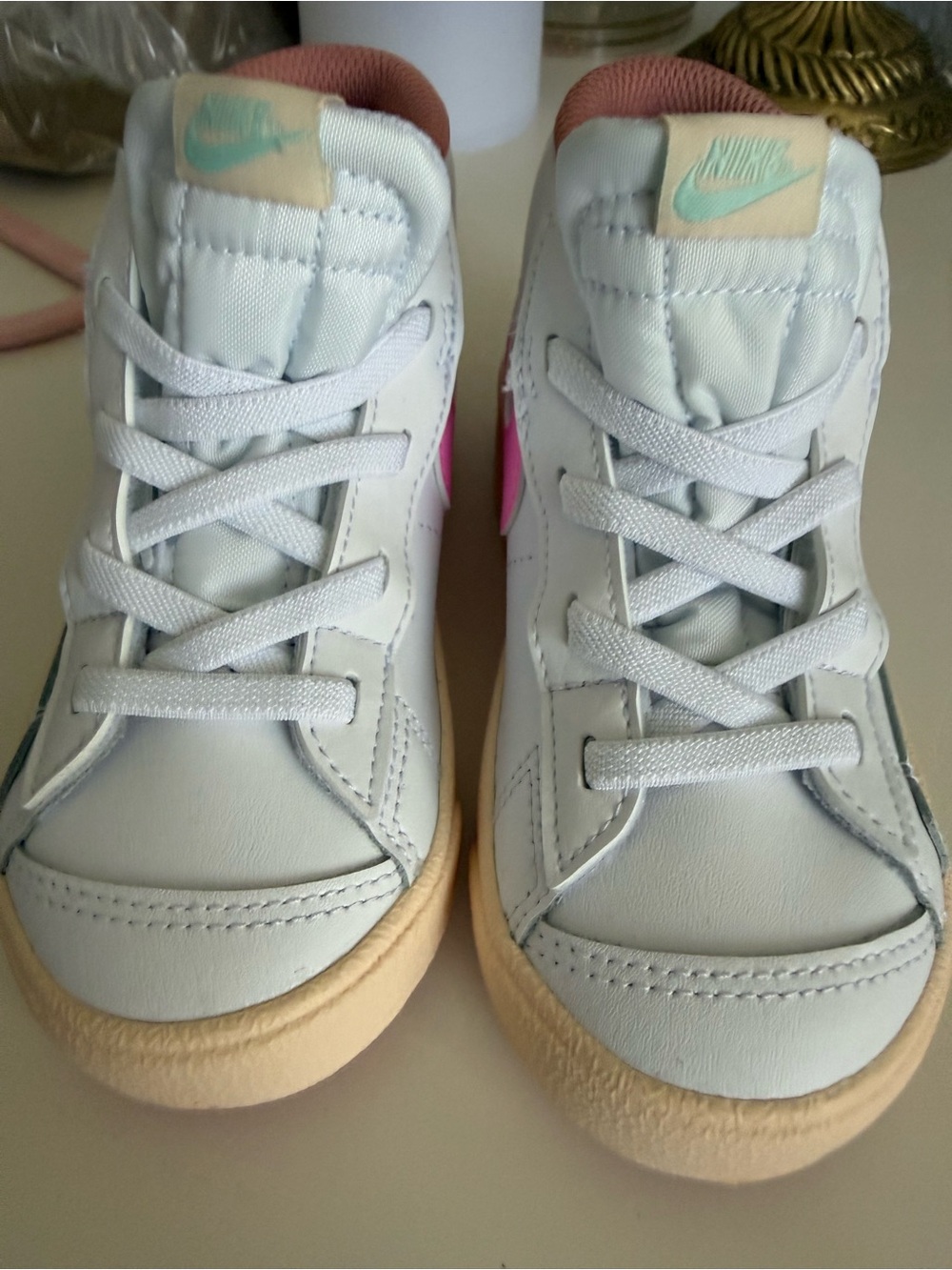 Nike Kids White Leather Sneakers with Pink and Mint Accents